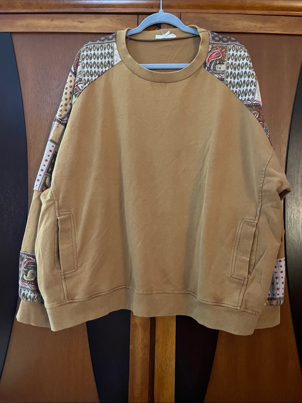 Easel Harvest Gold Sweatshirt w/Pockets-Patchwork on Sleeves & Shoulders-Seaming
